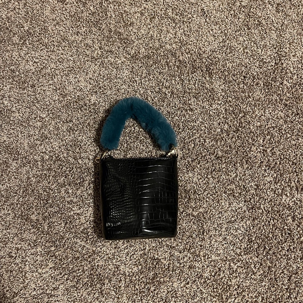 Anthropologie Black Croc-Embossed Mini Bag with Teal Handle